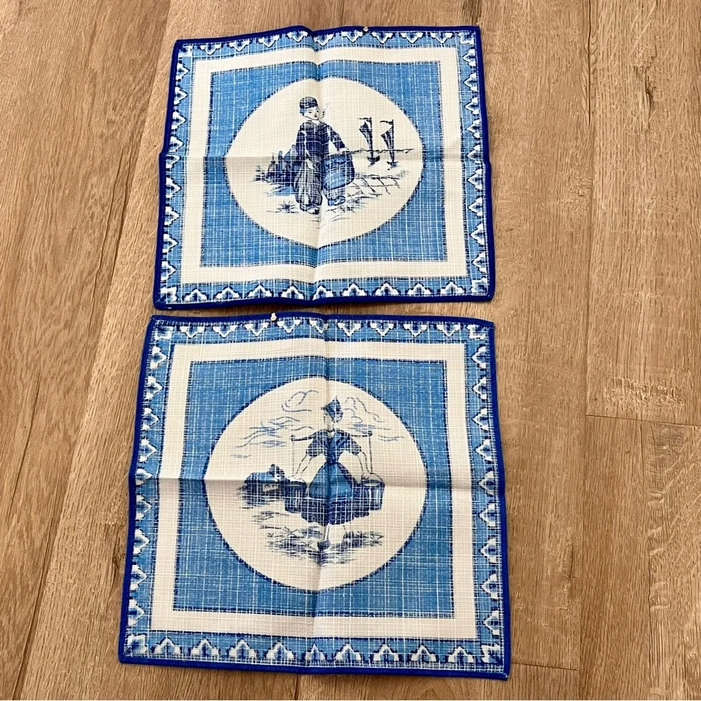 2 PCs Square Napkins Tablecloth Cotton Dutch‎ Blue Delft Holland 10.5” Vtg NWT